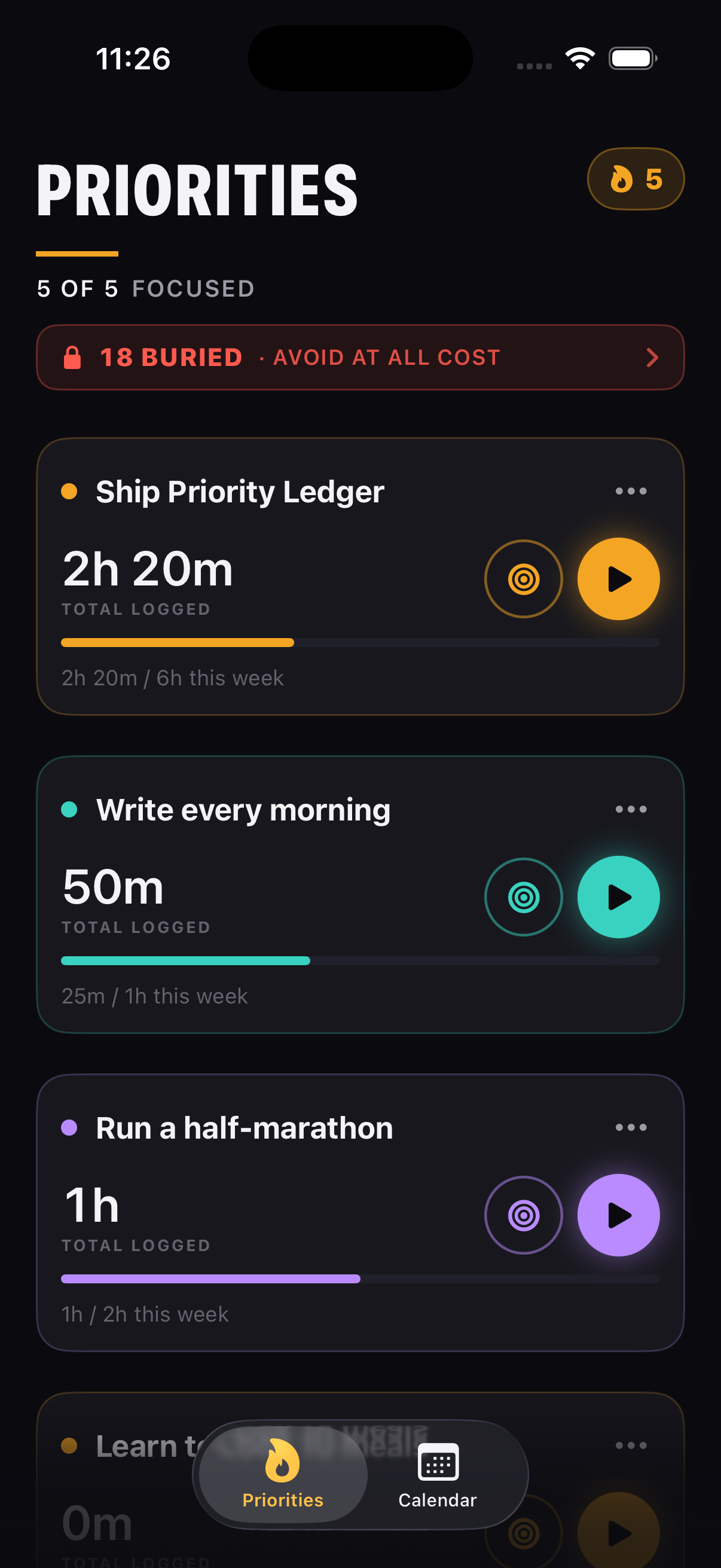 Priority Ledger home screen showing five priorities and a buried list